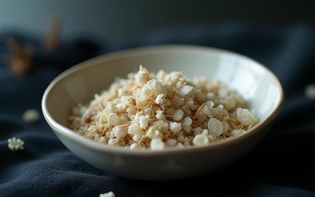A delicate loose incense blend with visible dried jasmine flowers and mugwort, in an open glass bowl.