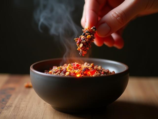 A small pinch of colorful loose incense blend next to a lit charcoal disc in a ceramic censer.