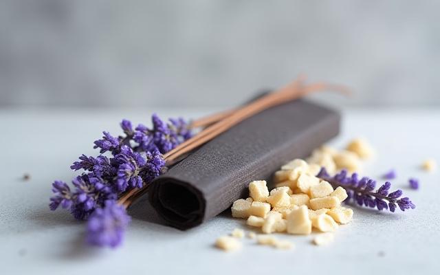Bundled hand rolled incense sticks surrounded by frankincense resin and dried lavender bundles.