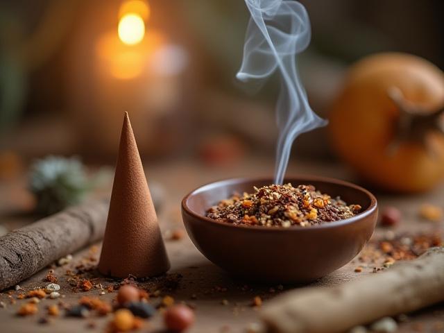 A small, smoldering incense cone next to a bowl of loose botanical blend