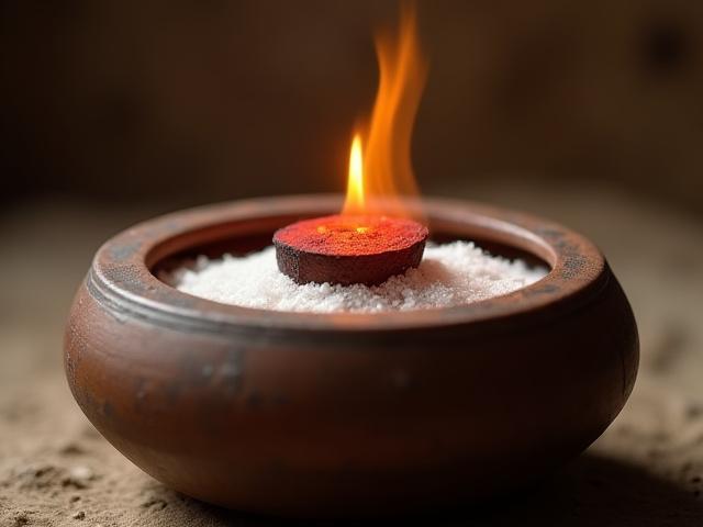 A glowing charcoal disc placed carefully inside a heat-proof ceramic censer