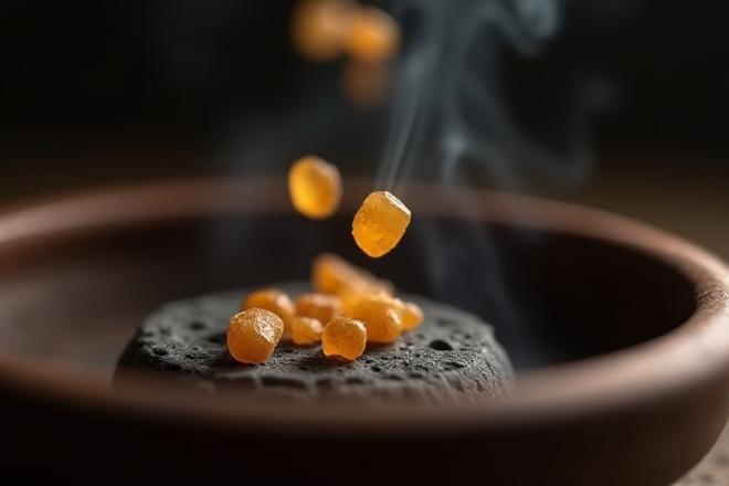 Small granules of resin incense being sprinkled onto the hot charcoal disc in a censer