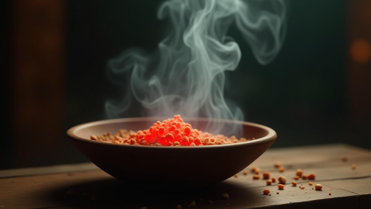 Glowing charcoal in a ceramic censer with frankincense resin granules on top, producing fragrant smoke