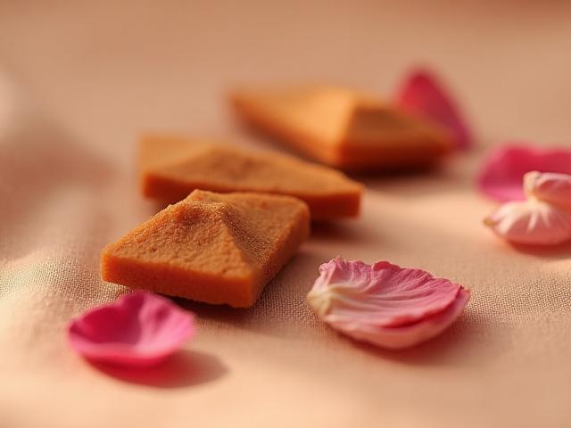 Smooth sandalwood pieces and delicate rose petals