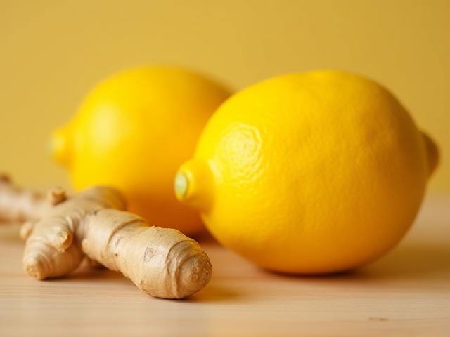 Bright yellow lemons and a piece of ginger root