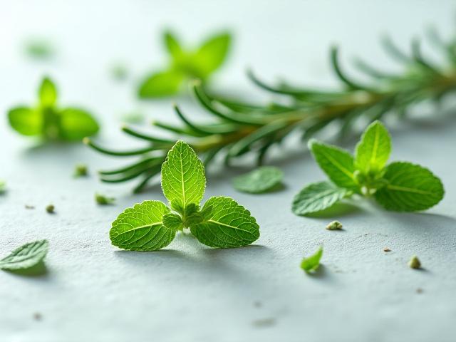 Fresh rosemary sprigs and green peppermint leaves